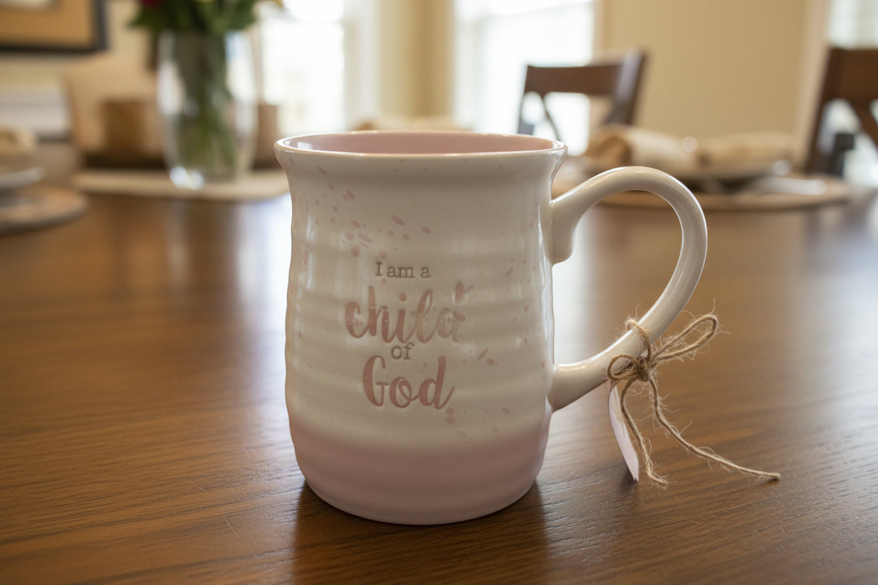 16 oz white speckled ceramic mug with pink bottom and interior reading “I am a child of God,” microwave and dishwasher safe