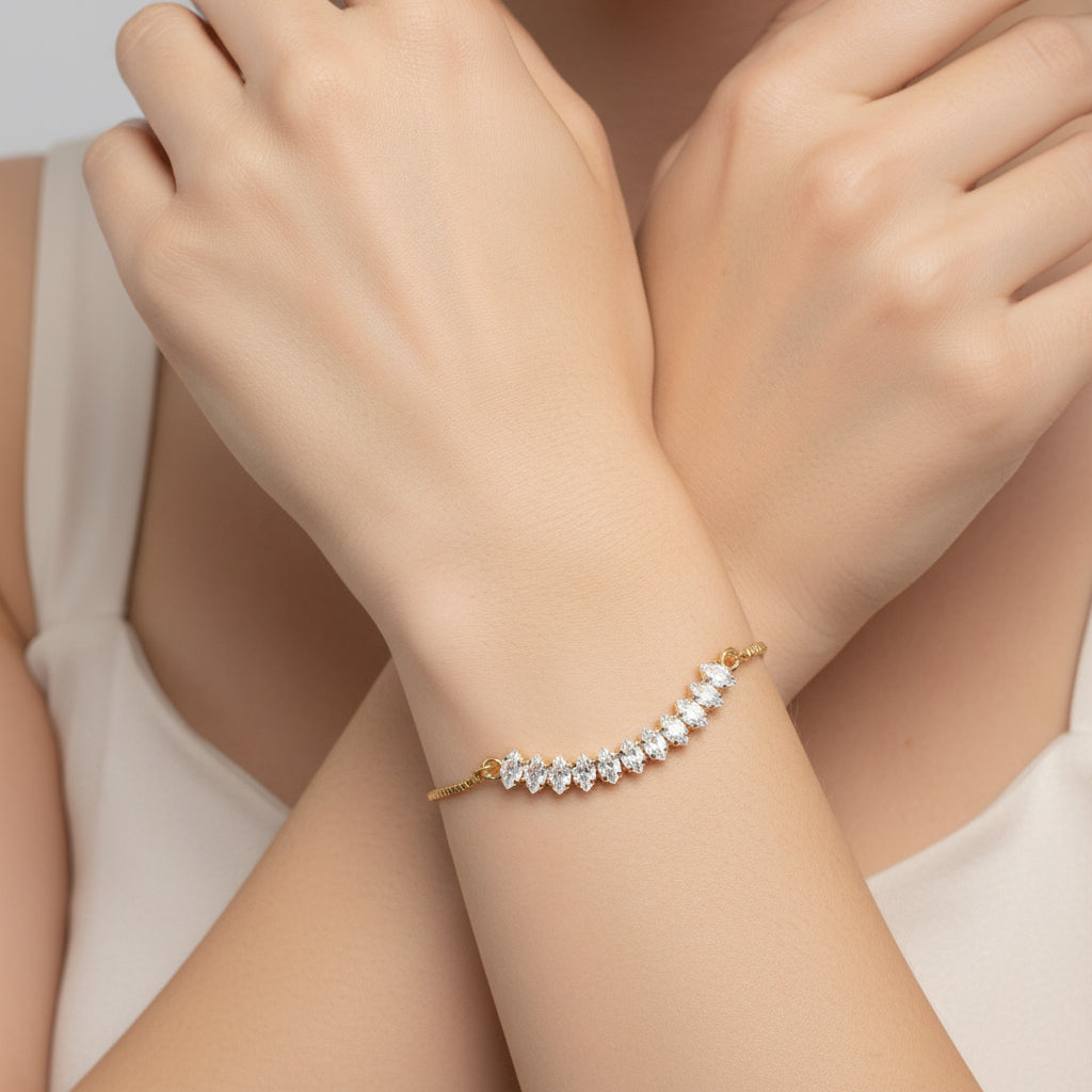 Gold plated brass adjustable bracelet with marquis cut cubic zirconia focal, Izzy bracelet minimalist elegant jewelry