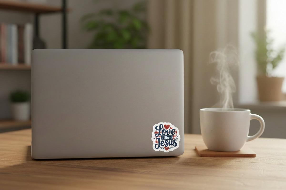 A die-cut sticker with the phrase 'Love like Jesus' in navy script and a navy banner, decorated with red hearts and a red-and-white gingham background pattern, shown against a neutral beige backdrop.