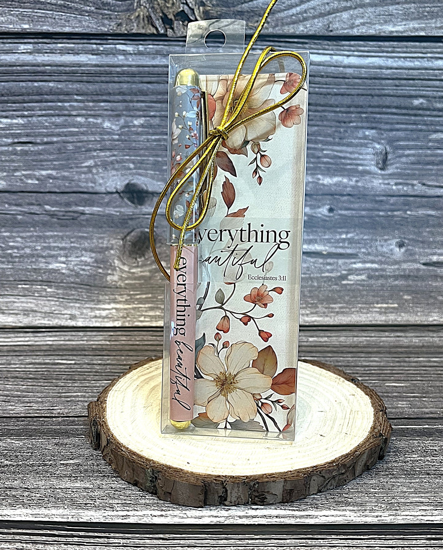 Christian pen and laminated floral bookmark set featuring the Scripture “Everything is beautiful” from Ecclesiastes 3:11, with matching design, pen 5.5 inches and bookmark 2 x 5.5 inches