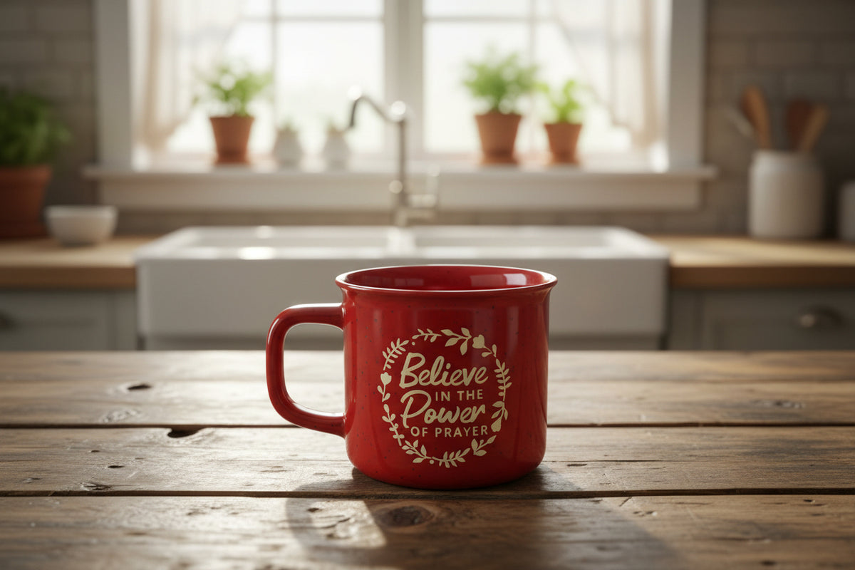 Red mug with 'Believe in the Power of Prayer' text