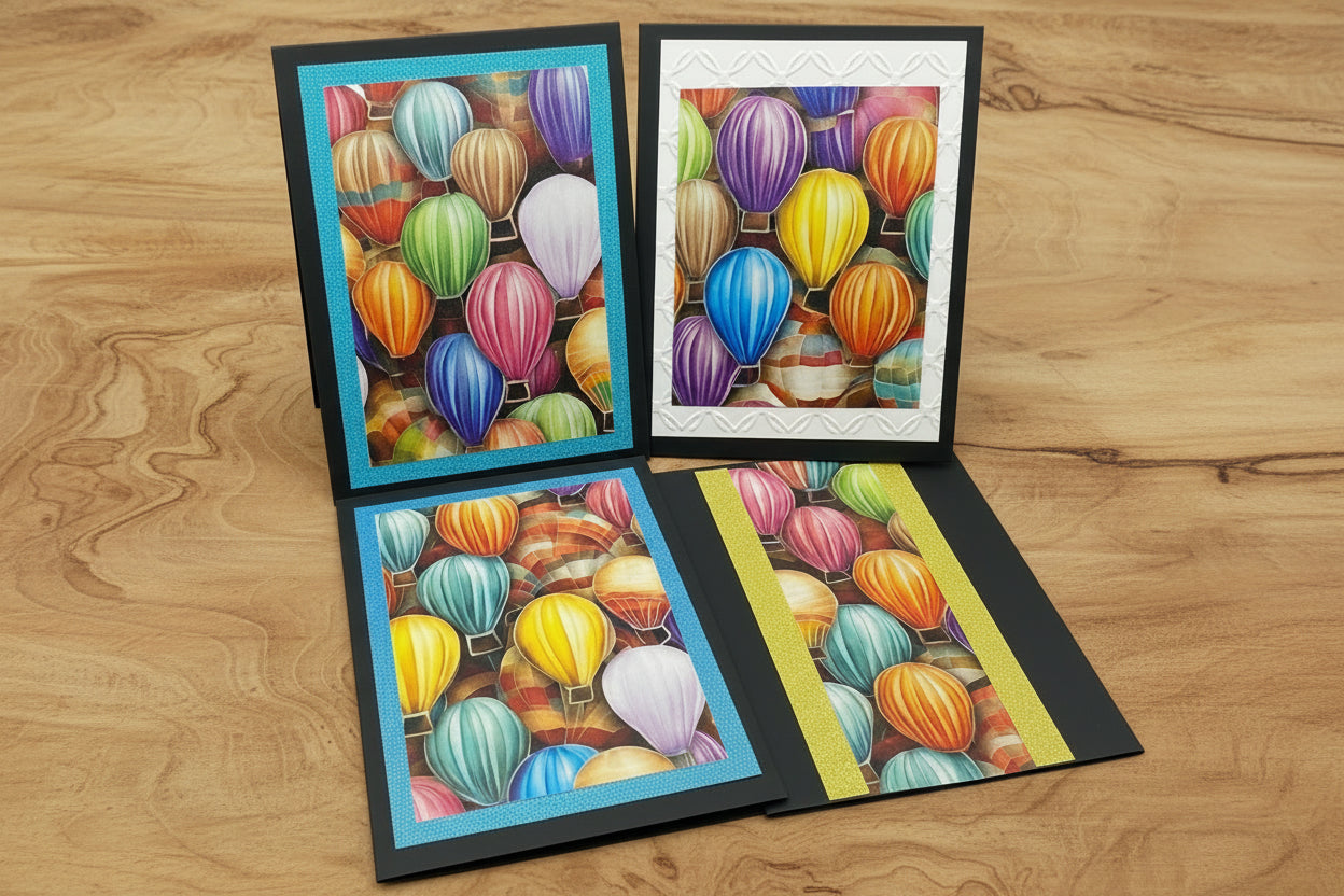 Set of 4 hot air balloon note cards with black base and glitter cardstock layers. Blank inside. Each card measures 4 1/4" x 5 1/2". Includes envelopes.