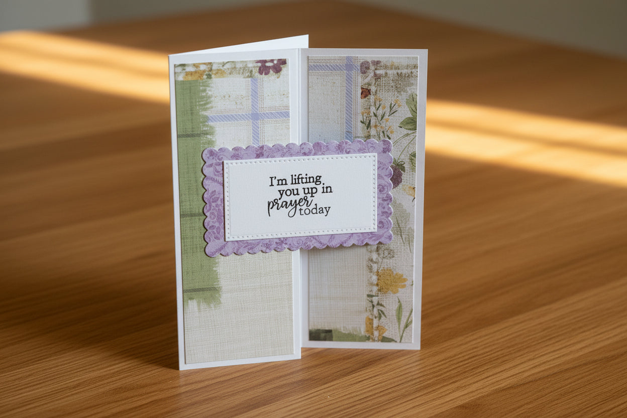 "Sympathy card with a green and purple floral background, hand-stamped with 'I'm lifting you up in prayer today,' shown with a white envelope."