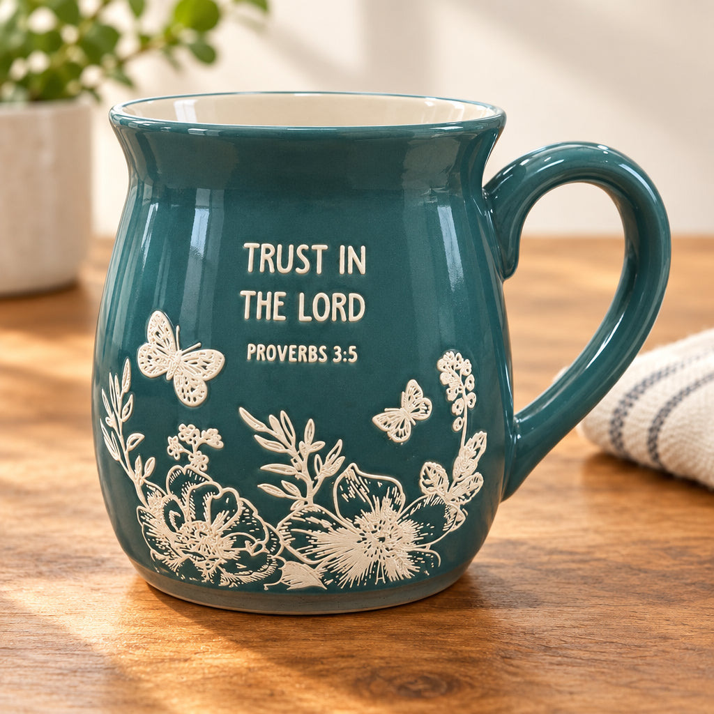 18 oz teal Christian mug with white floral accents and the message “Trust in the Lord” with the scripture reference “Prov. 3:5.”