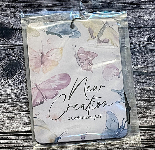 Christian car air freshener with New Creation 2 Corinthians 5:17 KJV and pastel butterfly design