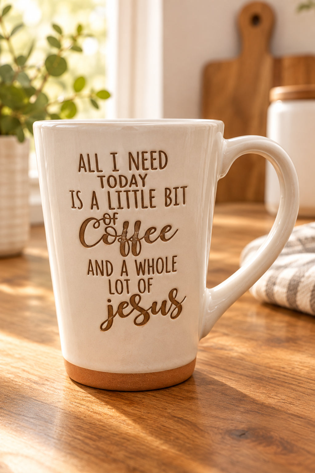 16 oz cream and tan Christian mug featuring the message “All I need today is a little bit of coffee and a whole lot of Jesus.”