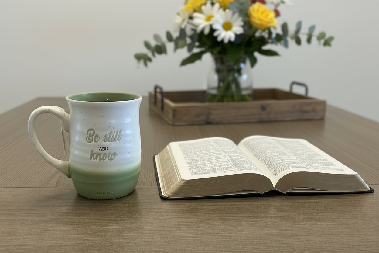 Cream speckled 16 oz mug with green glazed base and “Be still and know Psalm 46:10” text