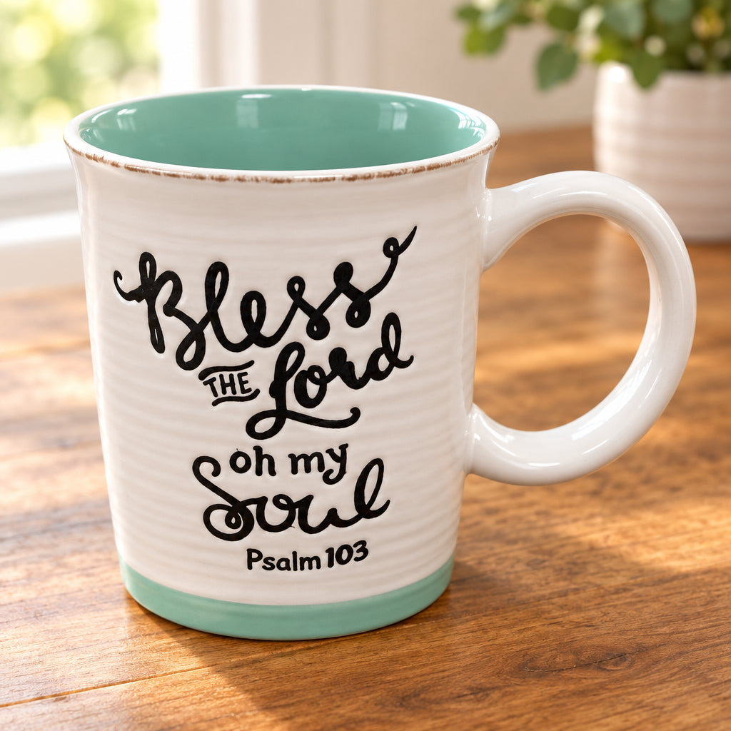 14 oz white Christian mug with a mint green interior and bottom edge, rustic brown rim accent, and the message “Bless the Lord Oh My Soul Psalm 103.”