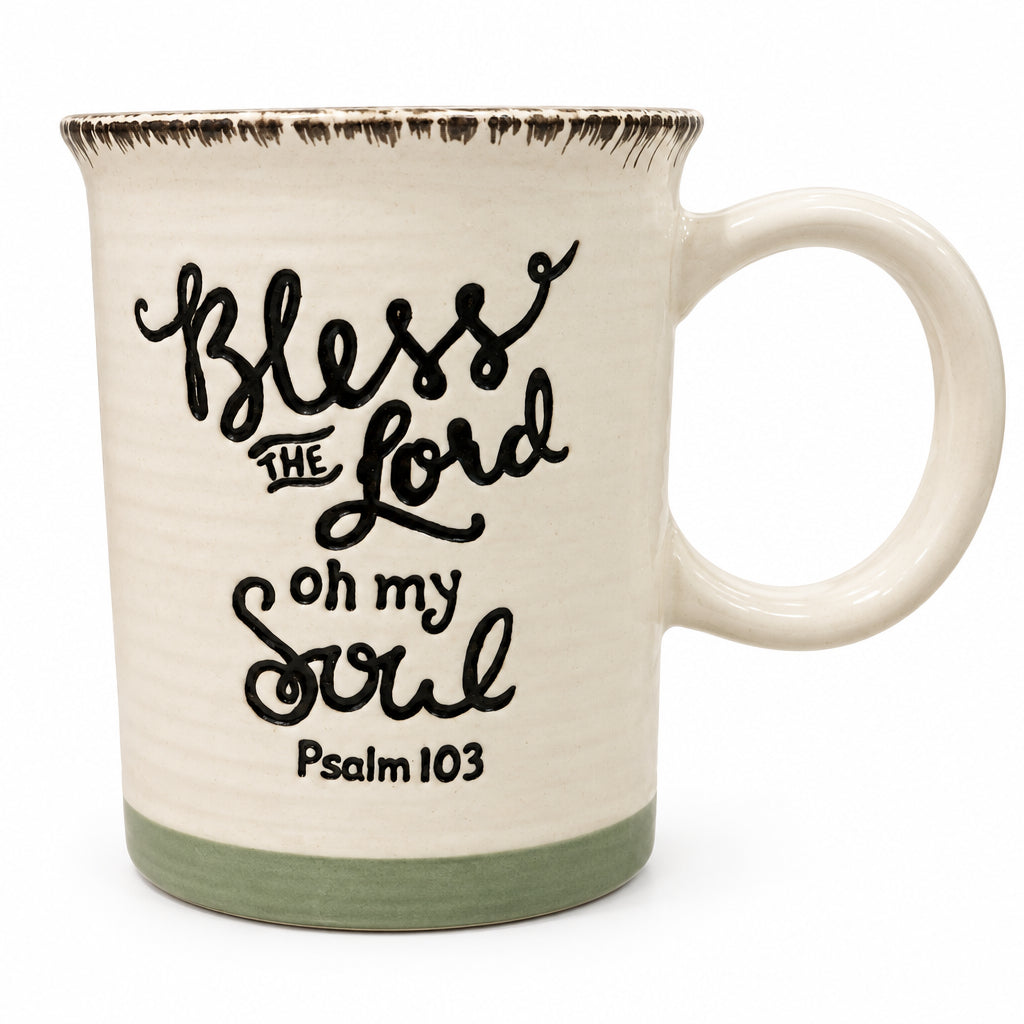 14 oz white Christian mug with a mint green interior and bottom edge, rustic brown rim accent, and the message “Bless the Lord Oh My Soul Psalm 103.”