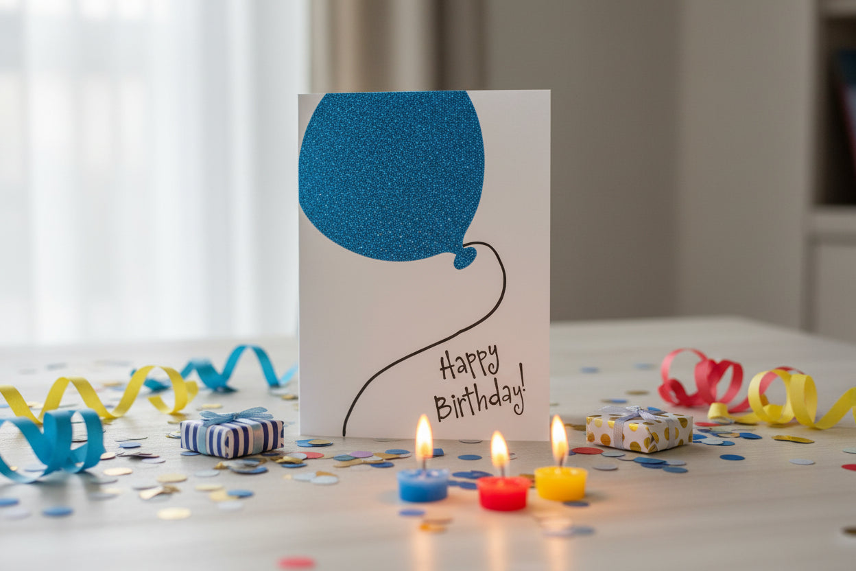 Blue Glitter Balloon Birthday Card 