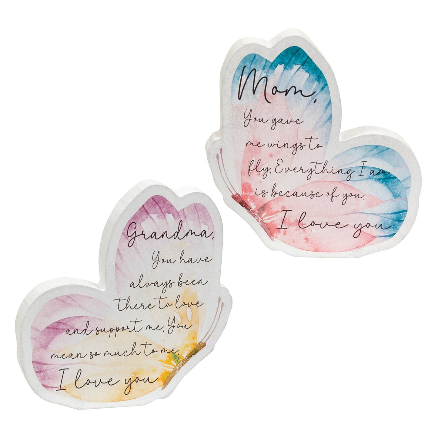 White wooden butterfly shelf sitters with watercolor backgrounds and sentimental messages for Mom and Grandma.

