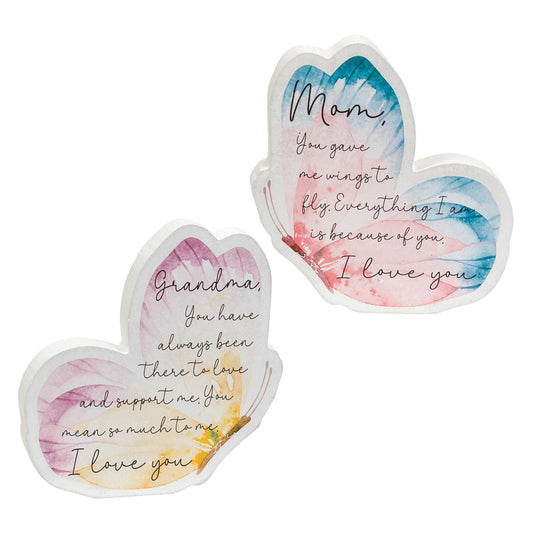 White wooden butterfly shelf sitters with watercolor backgrounds and sentimental messages for Mom and Grandma.

