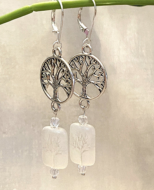 Silver-toned Tree of Life earrings with interchangeable lever backs, approximately 2¾ inches long.