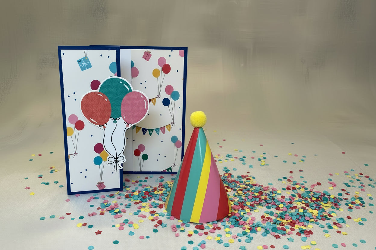 "Dark blue birthday card featuring a colorful party scene and balloon bouquet.