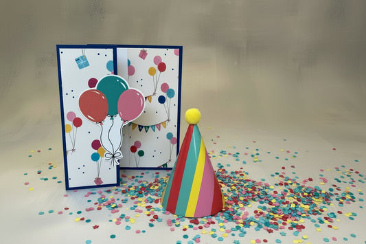"Dark blue birthday card featuring a colorful party scene and balloon bouquet.