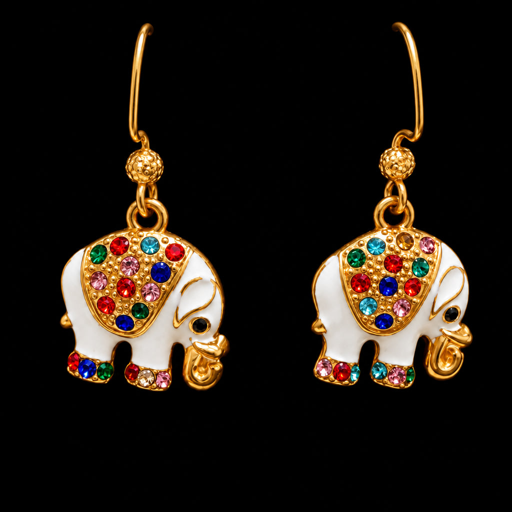 A pair of gold-tone dangle earrings with white elephant charms decorated with multicolored rhinestones.