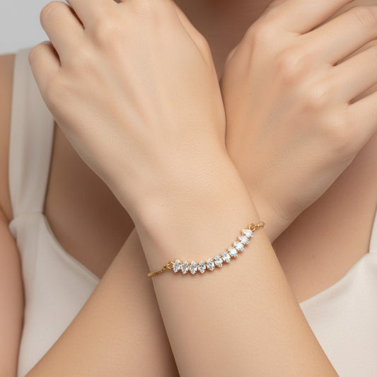 Gold plated brass adjustable bracelet with marquis cut cubic zirconia focal, Izzy bracelet minimalist elegant jewelry