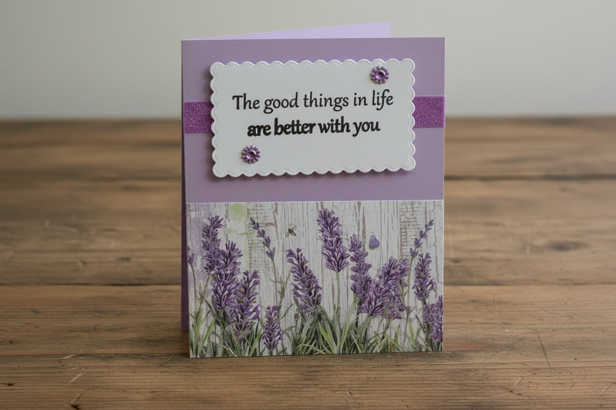 Get Well purple card with lavender and glitter accents 