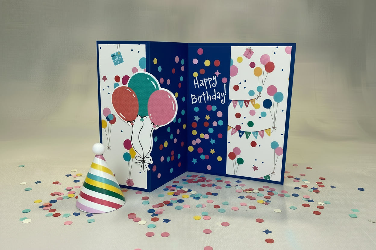 Happy Birthday Card With Banners and Balloon Bouquet 