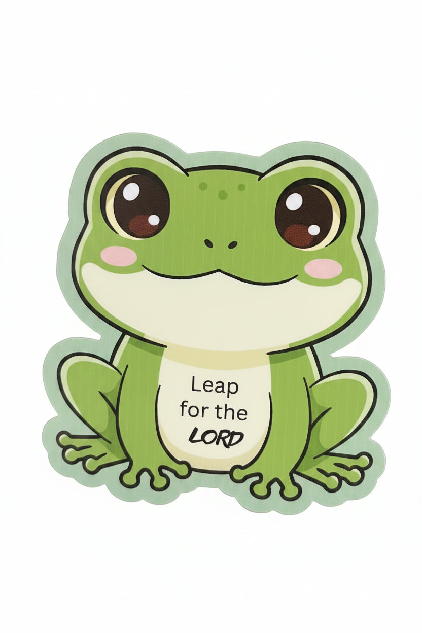 A die-cut vinyl sticker of a frog saying Leap for the Lord.