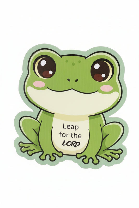 A die-cut vinyl sticker of a frog saying Leap for the Lord.