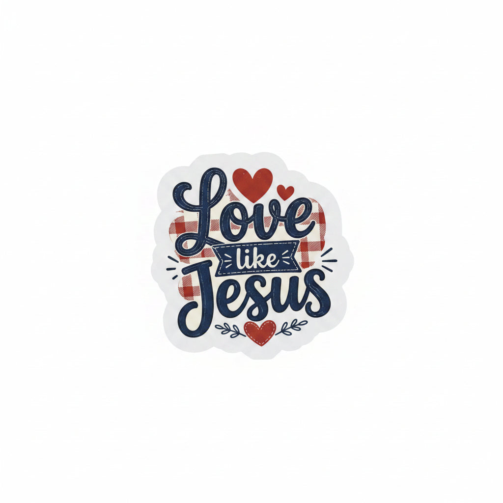 A die-cut sticker with the phrase 'Love like Jesus' in navy script and a navy banner, decorated with red hearts and a red-and-white gingham background pattern, shown against a neutral beige backdrop.