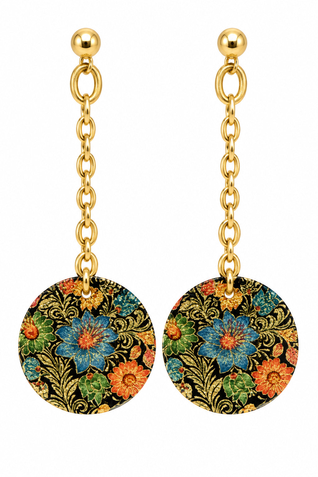Multicolored floral disc earrings with gold-toned ball posts, silicone stoppers, and decorative chain details.