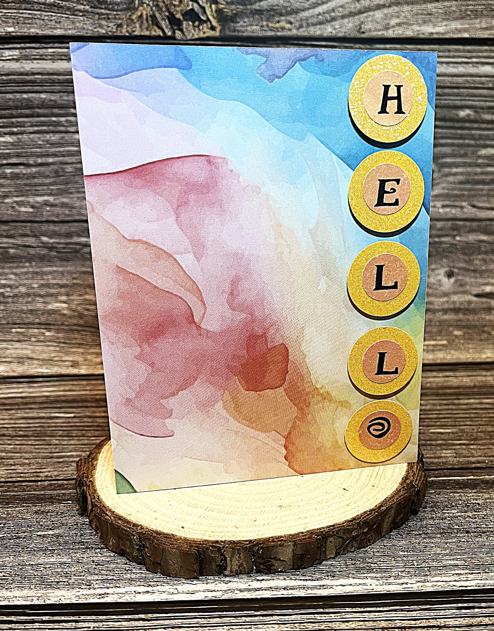Marbled decorative notecard with HELLO spelled in circles and peach glitter accents, 4 1/4 x 5 1/2 A2 size