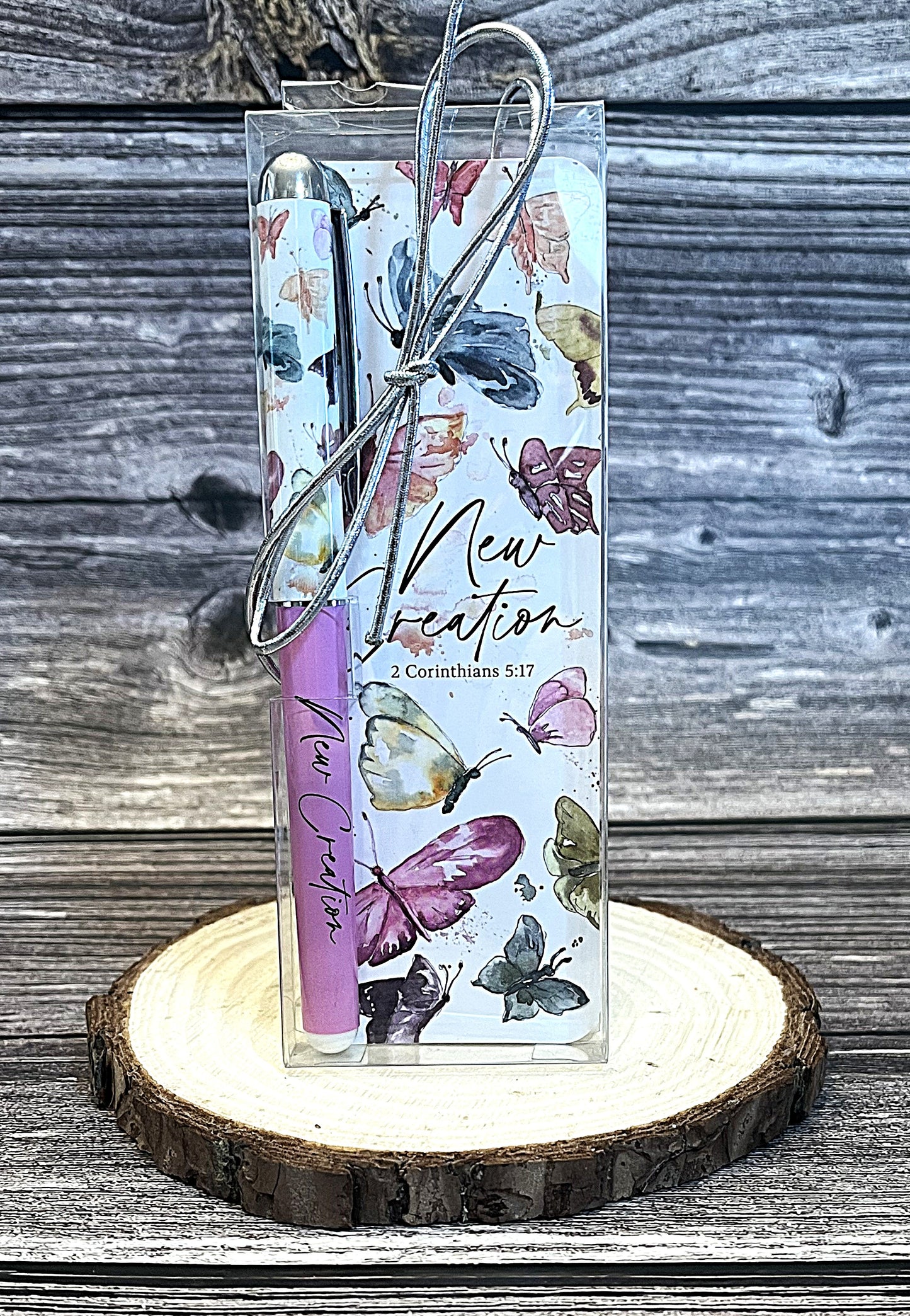 Christian pen and bookmark set with soft pink pen engraved New Creation and laminated bookmark with 2 Corinthians 5:17 KJV and pastel butterflies