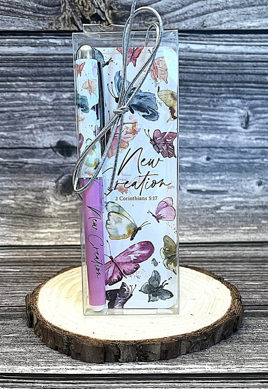 Christian pen and bookmark set with soft pink pen engraved New Creation and laminated bookmark with 2 Corinthians 5:17 KJV and pastel butterflies