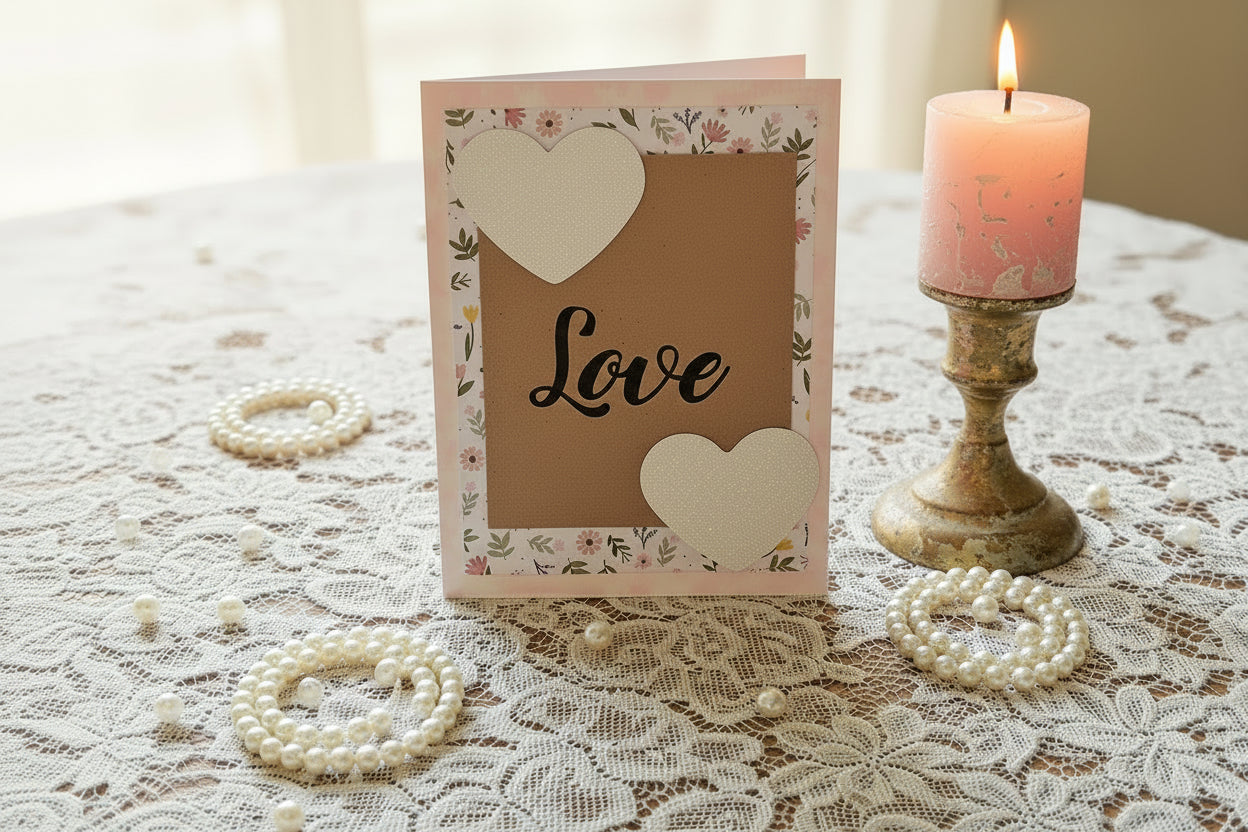 Pink greeting card with hand-stamped 'Love' on the front, decorated with pink flowers and glitter heart accents".