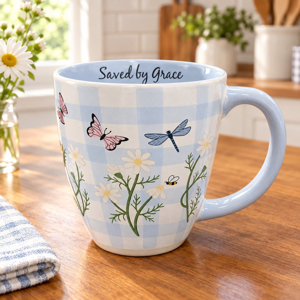 A ceramic coffee mug with a light blue and white gingham pattern, decorated with illustrations of a butterfly, dragonfly, daisies, and a bee. The inside of the mug is light blue with the text 'Saved by Grace' printed in black script.
