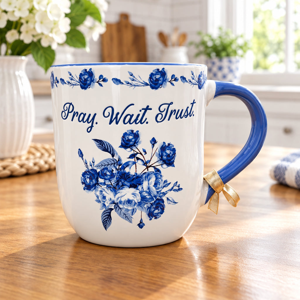 18 oz white floral mug with blue flowers, blue interior and handle, featuring the inspirational message “Pray, Wait, Trust.”
