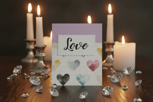 "Purple anniversary card with hand-stamped 'Love' on the front, featuring muted watercolor hearts and glitter accents.