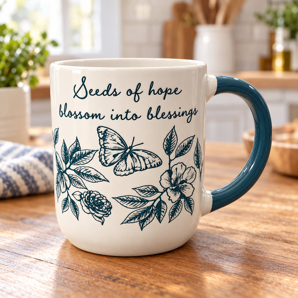 18 oz white mug with a teal handle featuring the inspirational message “Seeds of Hope Blossom into Blessings.”