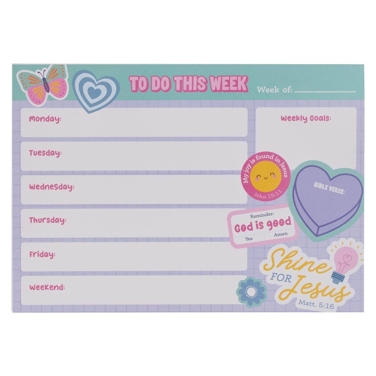 Weekly planner pad with purple and green background, colorful graphics, and “Shine for Jesus – Matthew 5:16” text. Includes space for goals and Bible verse.