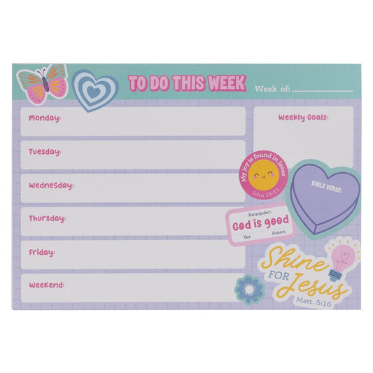 Weekly planner pad with purple and green background, colorful graphics, and “Shine for Jesus – Matthew 5:16” text. Includes space for goals and Bible verse.
