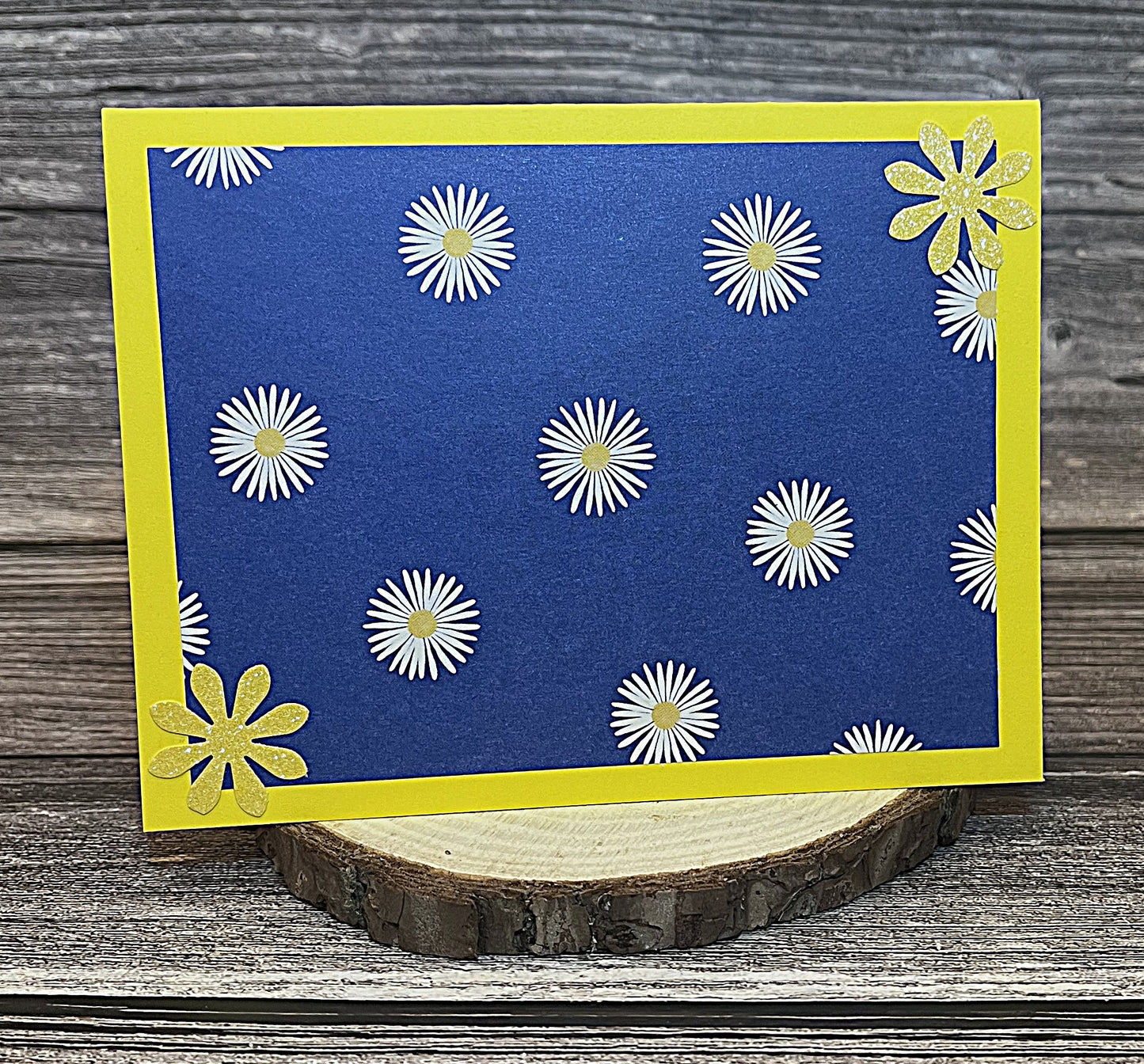 Floral thank you card with yellow base, blue decorative paper, white daisies, and yellow glitter flowers
