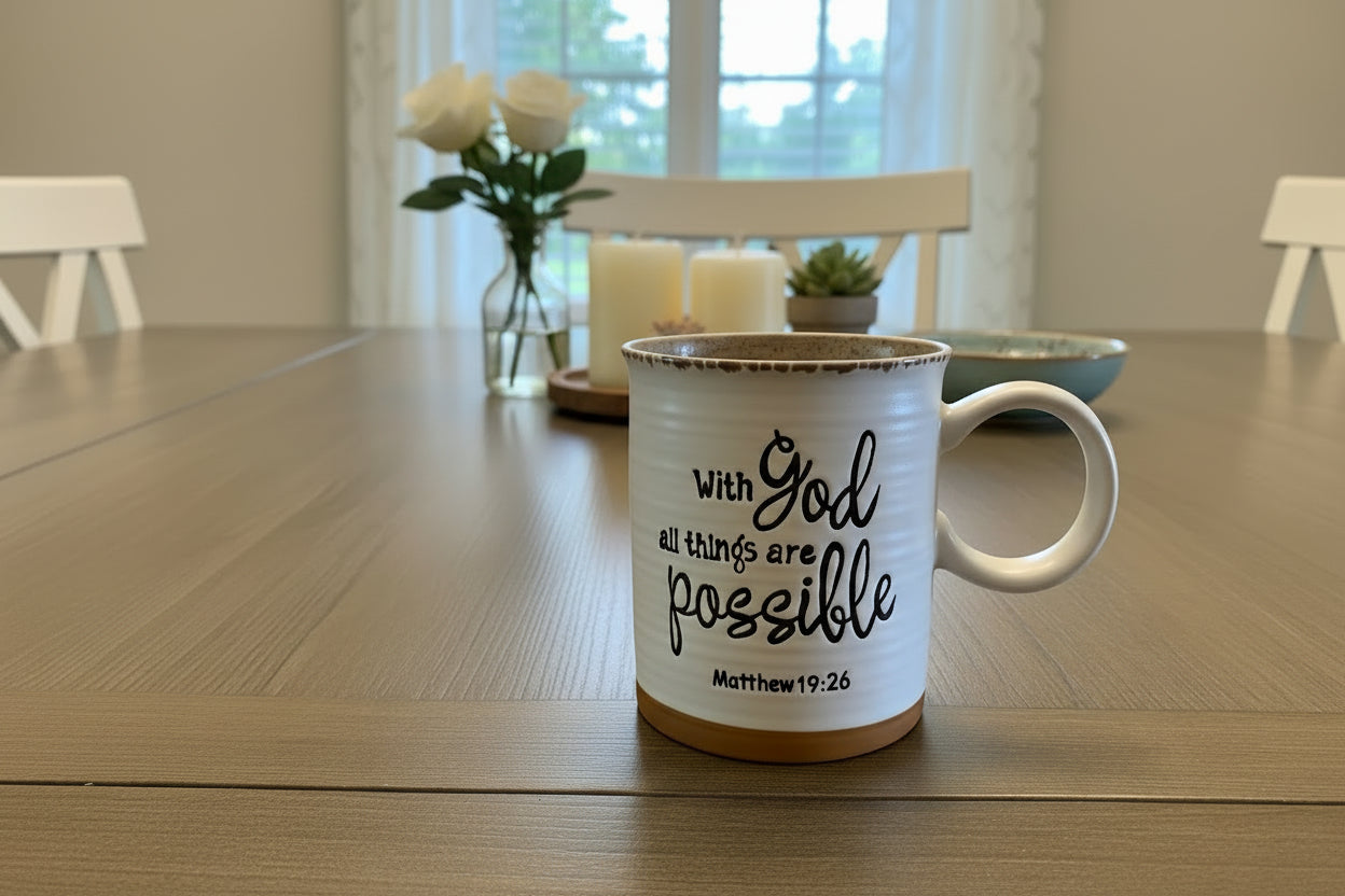 White ceramic mug with terra cotta accent featuring “With God all things are possible” Matthew 19:26 scripture design