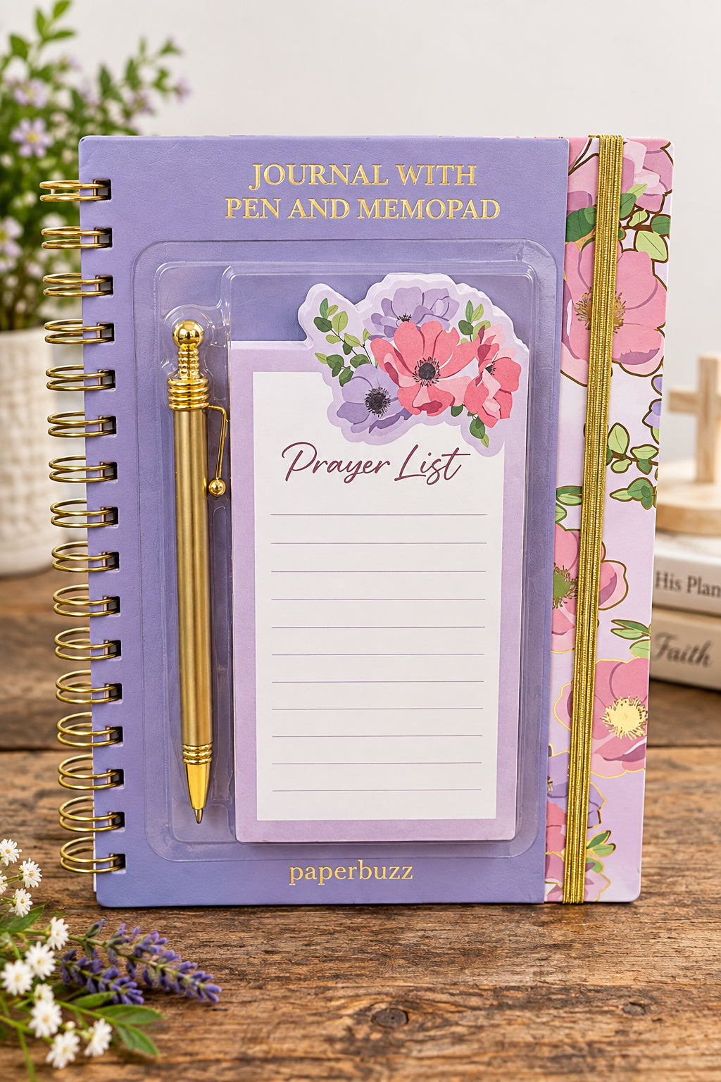 Purple prayer journal with pink and purple flowers and the words “With God All Things Are Possible” on the cover, including a prayer memo pad and pen.