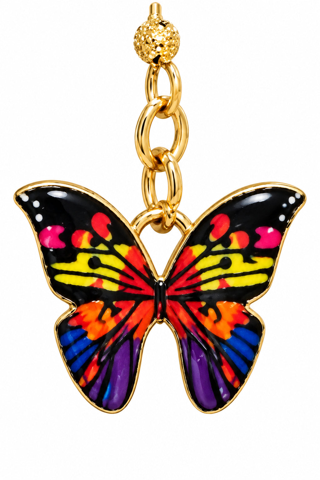 Multicolored butterfly earrings in yellow, blue, and purple, approximately 1 inch long, with gold-toned interchangeable lever back ear wires.