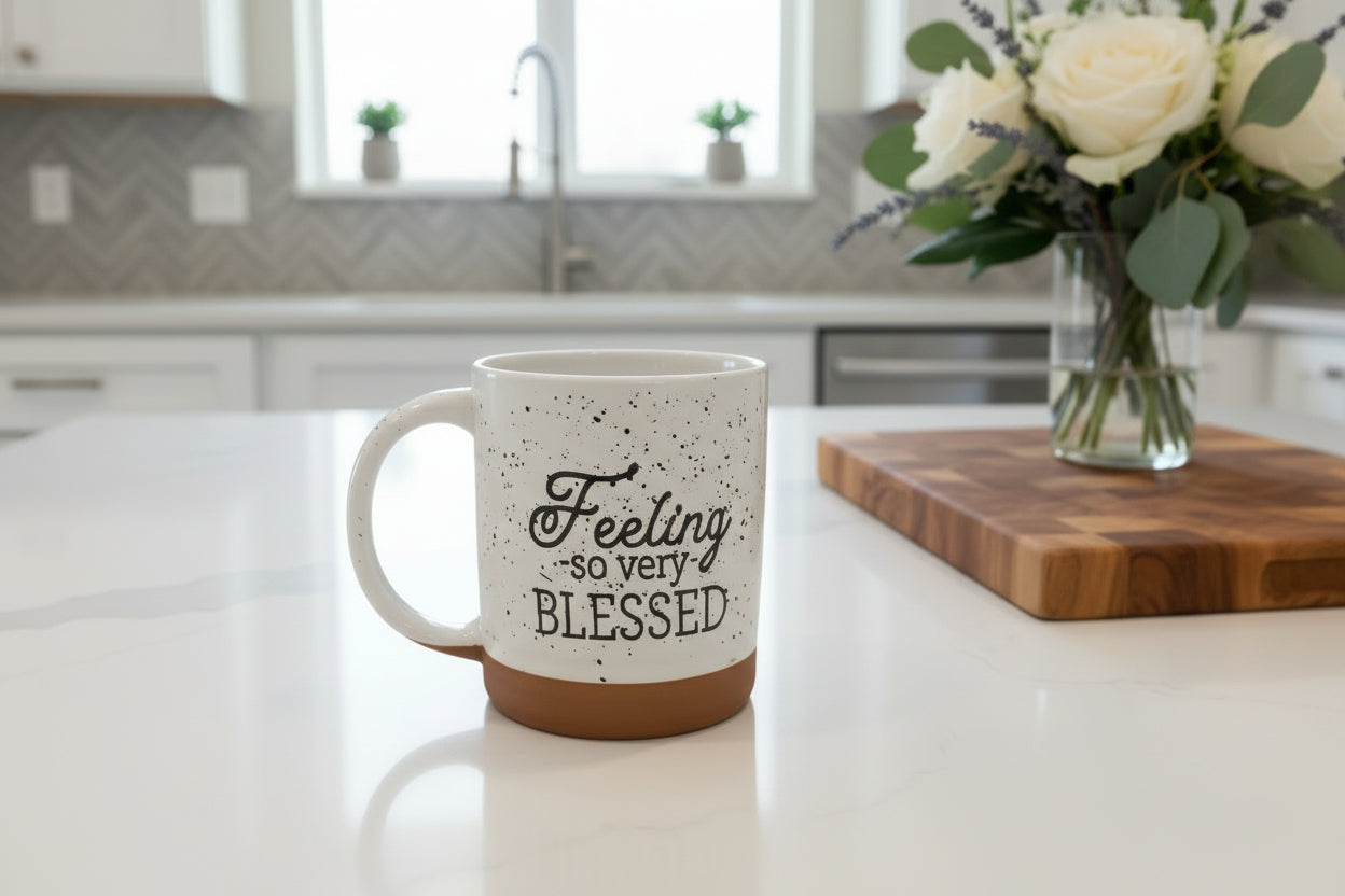 White 12 oz ceramic mug with speckled glaze, “Feeling so very blessed” text, and a natural terra cotta bisque bottom quarter