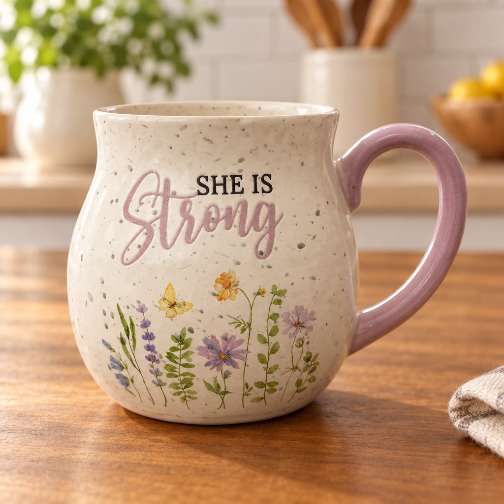 18 oz cream speckled floral mug with a purple handle, purple rim, and purple bottom.